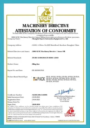 Certificat CE – Machine de remplissage 